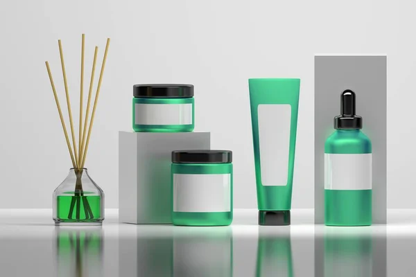 Kozmetik şişe cam gibi ev parfüm difüzör ile saf yeşil ve beyaz renklerde kümesi. Mock-up Kozmetik Ambalaj için boş etiketleri.