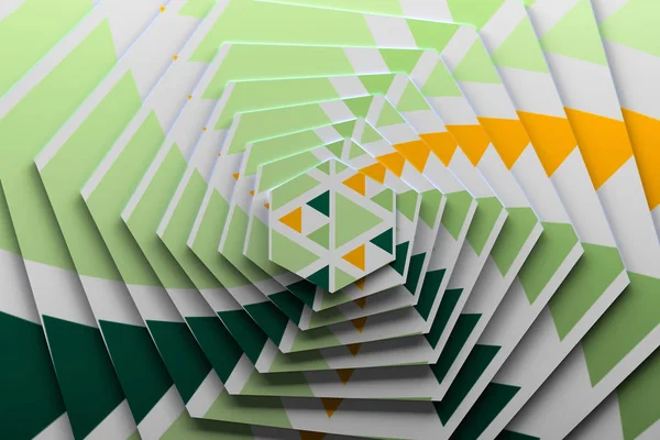 녹색과 노란색 삼각형 패턴으로 회전된 육각형 일러스트 — 스톡 사진