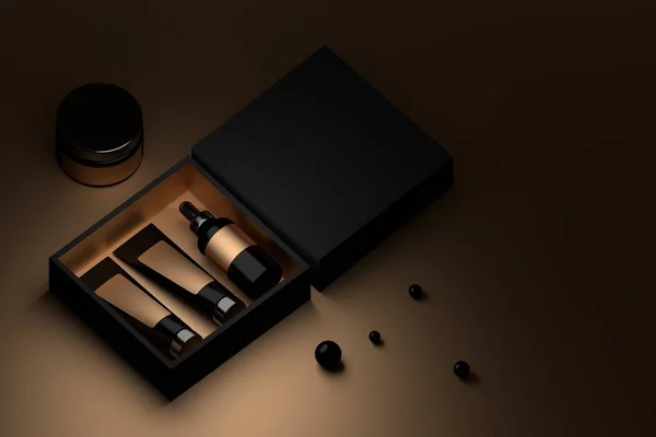 Svarta Lådan Med Kosmetiska Förpackningar Och Svart Perls Facial Cream — Stockfoto
