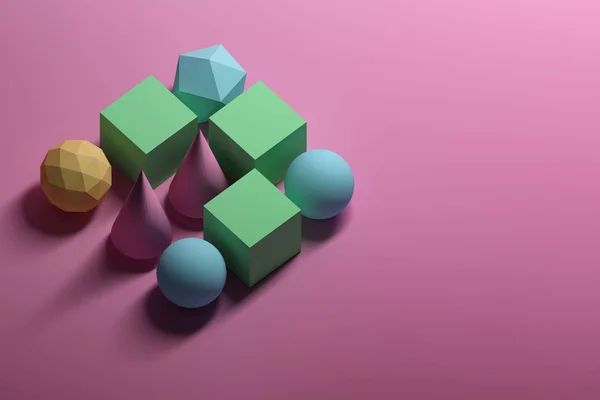 Çok renkli geometrik şekiller - küreler, çokgenler, küpleri, pembe bir arka plan üzerinde koni kümesi. Basit Okul arka plan kopya boş alanı ile. 3D çizim.