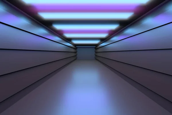 Futuristic space - empty tunnel corridor reflective floors. Image in blue purple colors. 3D illustration.