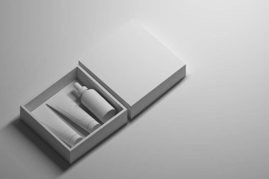 Beyaz ambalaj kutusu ile Kozmetik şişe dolu. Yüz Bakımı Ambalaj tasarımı kadar olun. Saf beyaz boşluk metin için. 3D çizim.