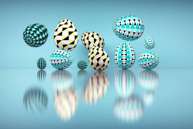 Paskalya yumurtaları yansıtıcı mavi yüzey üzerinde geometrik desenleri ile bir dizi Illustration. Dijital olarak oluşturulan görüntü. 3D çizim.