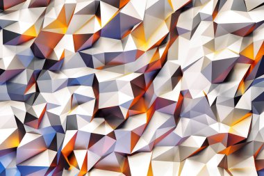 Mor, sarı ve beyaz üç boyutlu üçgen ile soyut geometrik desen.