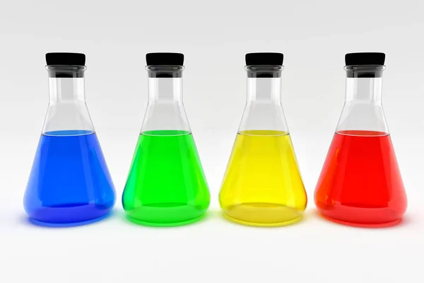 Quattro Fiaschette Laboratorio Con Tappi Sughero Nero Liquidi Colorati Isolati — Foto Stock