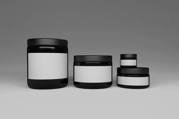 Cosmetic Packaging Four Black Shiny Vessels White Paper Labels Text — Stock Photo, Image