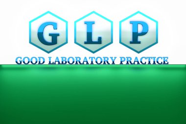 GLP, iyi laboratuar uygulaması, mektuplar altıgenler yerleştirilir. Araştırma laboratuvarları için kalite yönetim sistemi. Görüntü metni için kopya boş alan ile. 3D çizim.