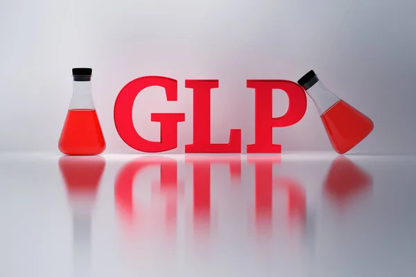 GLP, good laboratory practice, red shiny letters and laboratory Erlenmeyer flasks reflected on the white surface. Quality management system for research laboratories. 3D illustration.
