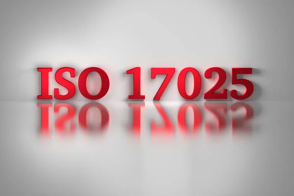 Kırmızı harflerle ISO 17025 kalite test ve kalibrasyon laboratuvarları için standart. ISO 17025 beyaz arka plan üzerinde. 3D çizim.