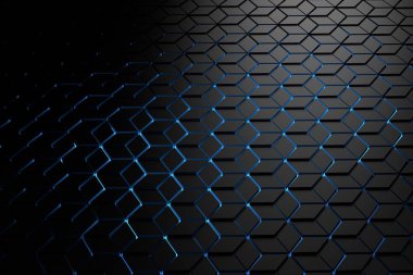 Altıgen yanarak bahislerin doğru deseni ile fütüristik arka plan mavi ışıkla aydınlatılmış edikula yapılmış. Bkz: düşünce mavi ışıklı altıgen şekillerle desen. Koyu siyah renk sunum ve metin için bir kopya boş alan ile görüntüde. 3D illustratio