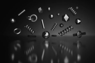 Siyah yansıtıcı yüzey üzerinde uçan metalik dokusu ile parlak siyah poligonal ilkel. 3D çizim.