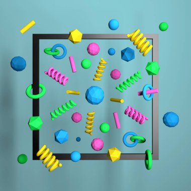 Siyah çerçeve ile uzayda uçan birçok renkli küçük geometrik şekiller temel öğelerdir. 3D çizim.
