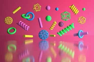 Renkli poligonal ilkel şekiller pembe yansıtıcı yüzey üzerinde uçan. 3D çizim.