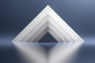 Mavi parlak yansıtıcı yansıtma yüzeyi arka plan üzerinde beyaz piramitler. 3D çizim.