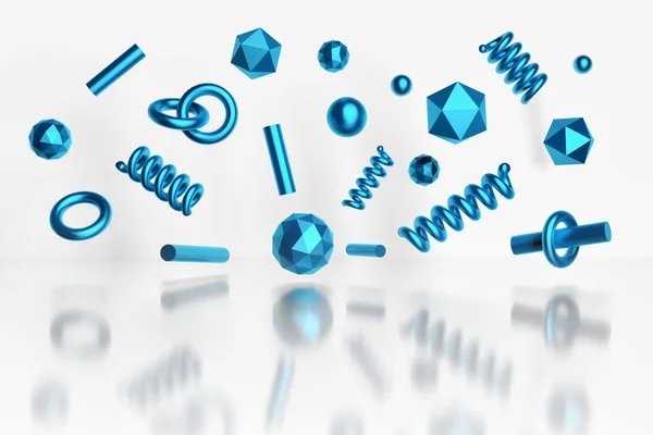 Metalik mavi dokulu beyaz yansıtıcı yüzey üzerinde uçan poligonal ilkel şekiller. 3D çizim.