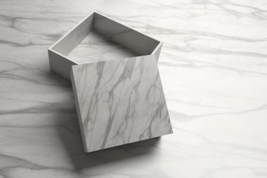 Mermer doku masanın üzerinde duran tek açılan ambalaj kutusu. Sahte için yukarı kopya boş alan veya metin ve tasarımı ile görüntü. 3D çizim.