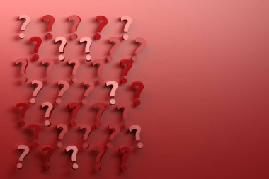 Birçok rastgele kırmızı soru işaretleri kırmızı zemin üzerine düzenlenmiştir. Kopya boş alanı görüntüsüyle. 3D çizim.