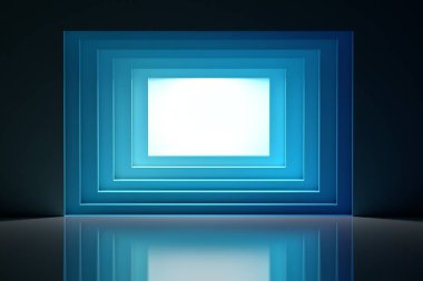 Sunu parlak ekran. Sinema salonu. Portal duvardaki mavi renklerde. Soyut resim kopya boş alanı merkezi ile sunum için. 3D çizim.