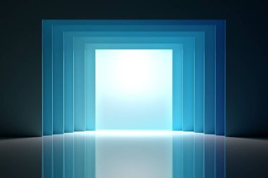Oda iç tünel ve ekran parlak yansıtıcı yüzey üzerinde mavi renklerde. Kopya boş alanı merkezi ile görüntü.