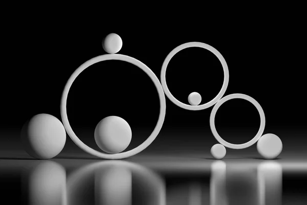 リングと光沢のある反射面に黒と白の色のボールの組成バランス概念の抽象的なイラスト イラストレーション — ストック写真