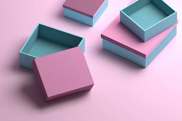 Many packaging boxes in blue and pink colors for mock up or presentation. 3d illustration.