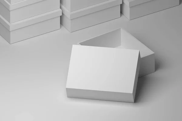 Caja Embalaje Abierta Blanca Pura Pie Sobre Mesa Con Cajas —  Fotos de Stock