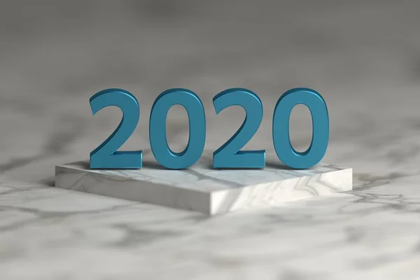 Numero 2020 Anno Texture Blu Metallizzato Lucido Piedistallo Podio Marmo — Foto Stock