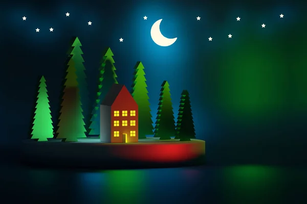 Magic landscape of house with illuminated windows and green christmas trees. Greeting card with night scene with stars. 3d illustration.