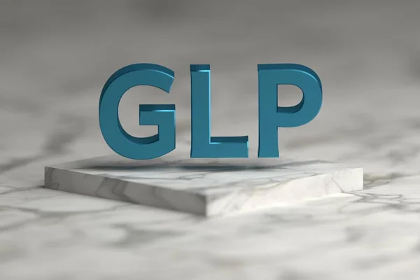 Letras Glp Azul Brillante Textura Metálica Volando Sobre Podio Pedestal — Foto de Stock