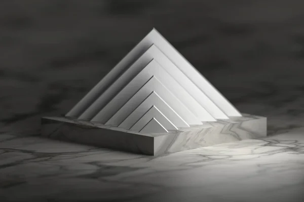 Pyramid structure over pedestal podium. Abstract objects with marble texture. 3d illustration.