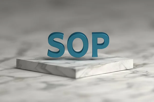 SOP standard operating procedure word with blue shiny metallic texture over pedestal podium made of marble. 3d illustration.