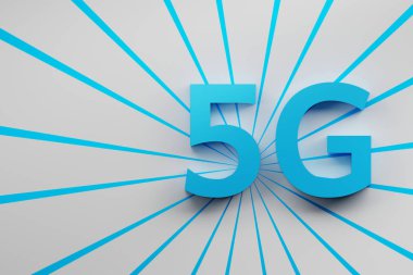 Büyük mavi 5g harfleri ile mavi çizgiler düz yüzeye. 5g telekomünikasyon teknolojisi kavramı. 3D çizim. 