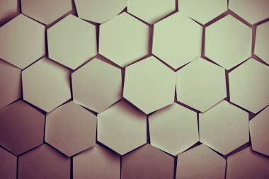 Rastgele düzenlenmiş altıgenler büyük geometrik şekiller. Renkli görüntü. 3D çizim.