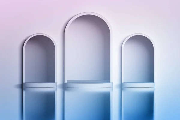 光沢のある反射表面上の壁に つ白いアーチ型ニッチ 青みピンクをイメージ イラストレーション — ストック写真