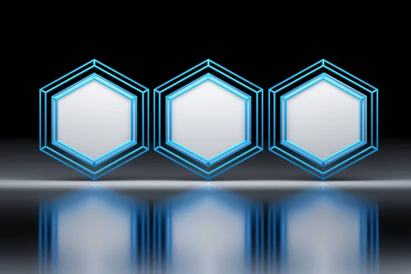 Tři Bílé Šestiúhelníky Šestihranný Tvary Modrý Drátový Model Nad Lesklý — Stock fotografie