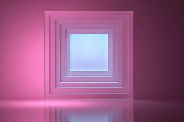 Abstract background with a pink tunnel in the wall with blue light. 3d illustration.
