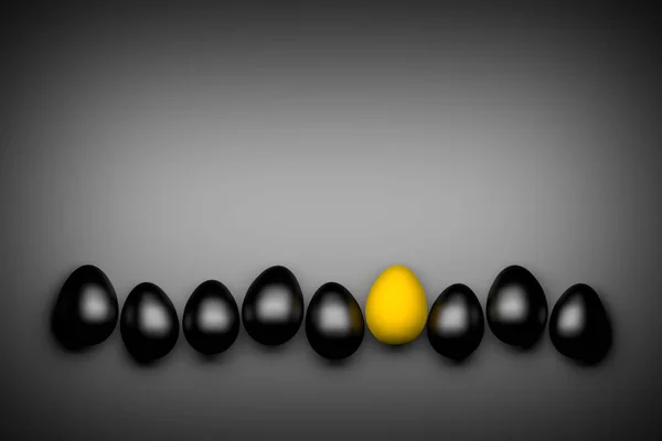 Many Black One Yellow Easter Eggs Arranged Row Dark Background — Stock Photo, Image