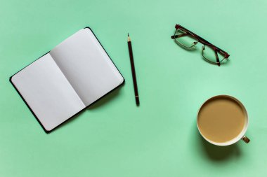 Defter bir kalem, gözlük ve naneli yeşil zemin üzerine kahve bir fincan ile açıldı.