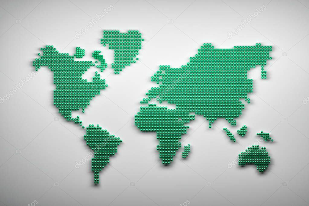 World map made of small shiny green balls dots on white background. World regions cluster concept. 3d illustration.