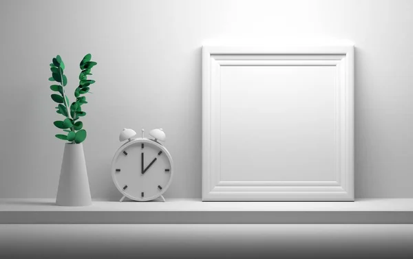 フォトフレーム、時計、白い色の花 — ストック写真