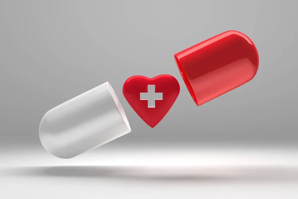 Pille mit rotem Herz und weißem Kreuz — Stockfoto