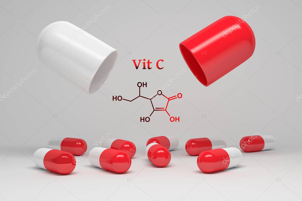 Vitamin C supplement. Opened large pill with small capsules on white background and chemical structure of ascorbic acid. 3d illustration.