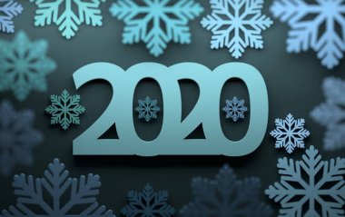 2020 numaraları ve kar taneleri ile mavi arka plan