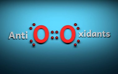Kırmızı oksijen moleküllü ve küreli kelime antioksidanları mavi arkaplana yerleştirilmiş elektronları temsil eder. 3d illüstrasyon.