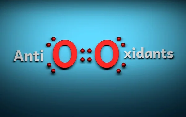 Kırmızı oksijen moleküllü ve küreli kelime antioksidanları mavi arkaplana yerleştirilmiş elektronları temsil eder. 3d illüstrasyon.