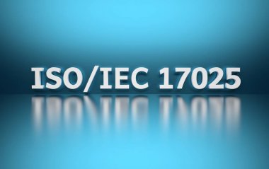 Uluslararası standart. Word Iso 17025 mavi arka plan üzerinde