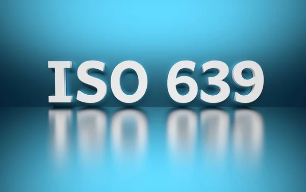 International standard. Word ISO 639 on blue background