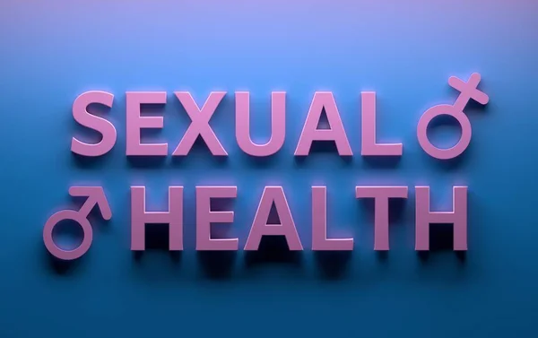 Сексуальное здоровье слова с мужскими половыми признаками на голубой backgroun — стоковое фото