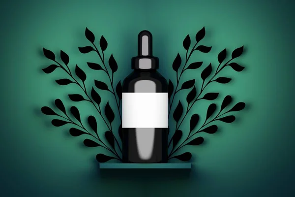 Black shiny vape serum bottle on green background with foliage — Stock Photo, Image