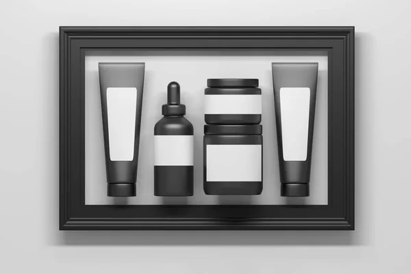 Set of black cosmetic packaging bottles tubes with frame